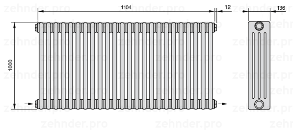 Схема (чертеж) Радиатор Zehnder Charleston 4100/24 №2670 Белый глянцевый RAL 9016
